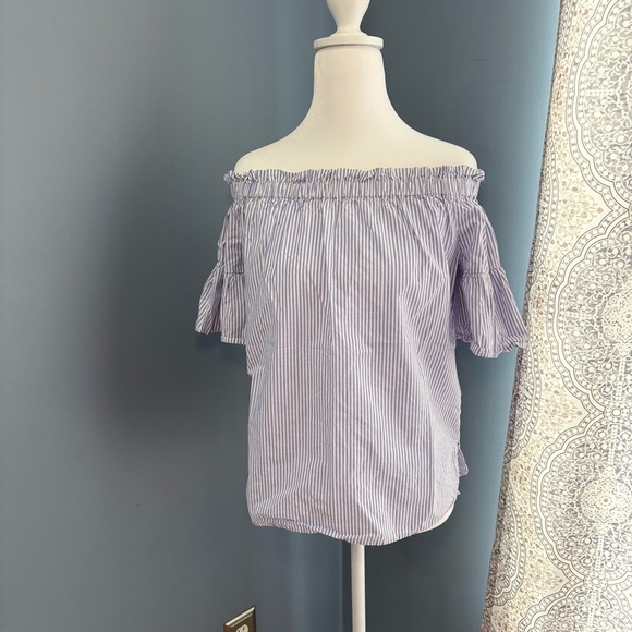 Kate Spade White Blue Striped Off the Shoulder Flutter Sleeve Blouse XS EUC - Picture 3 of 7